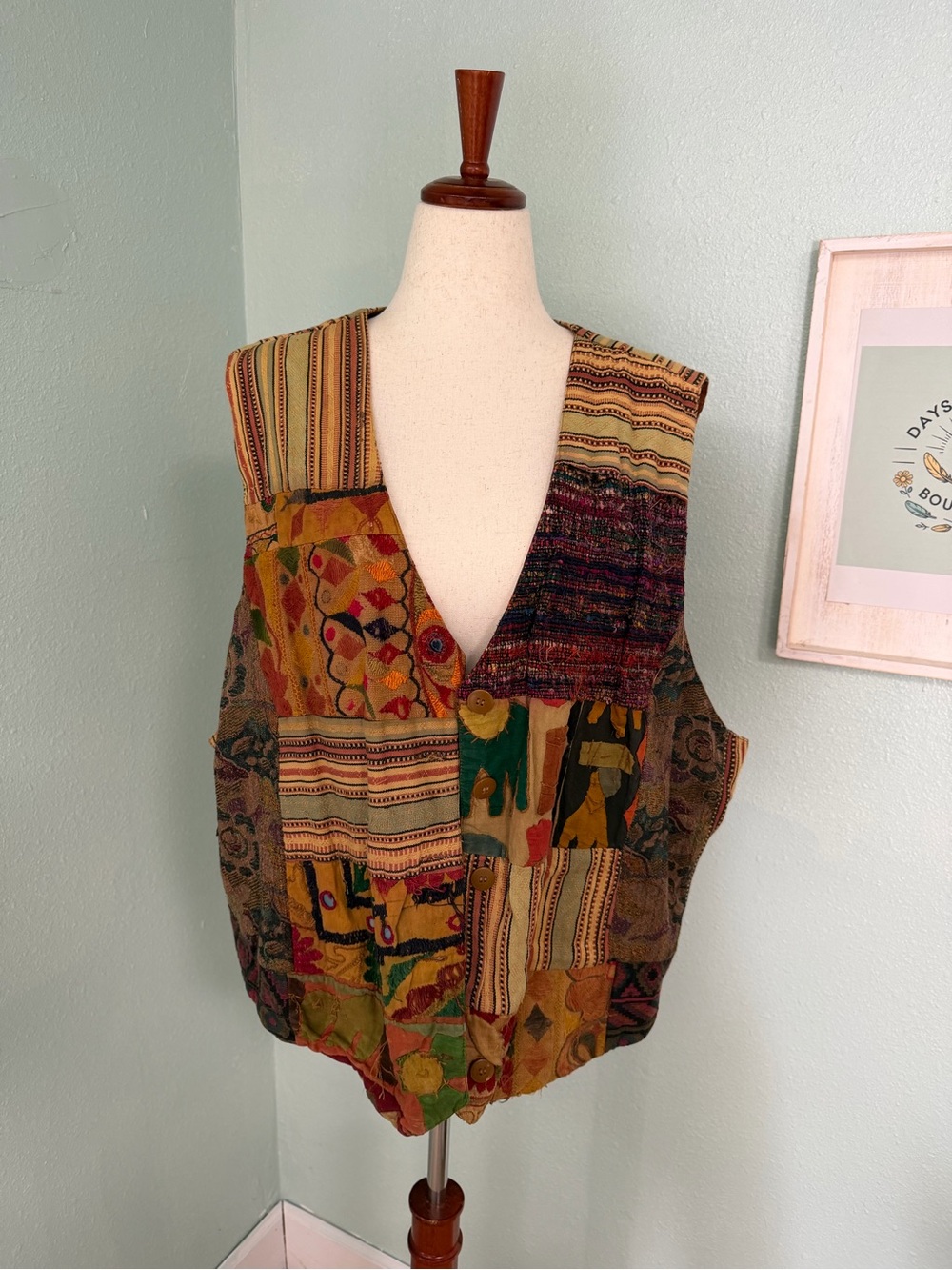 Vintage Jaque &Koko, Multicolor Patchwork V-Neck Button Front Women's Vest